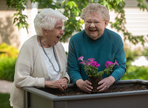 two elderly women are planting flowers in a planter