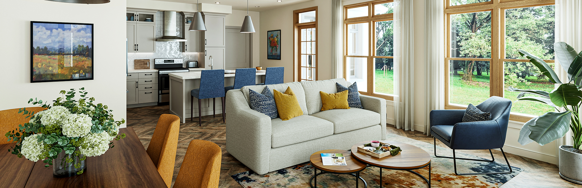 a retirement home living room with a white couch and blue chairs
