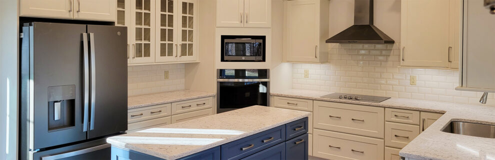 kitchen with white marble and a blue island