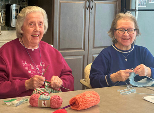 Two ladies sitting at a table knitting